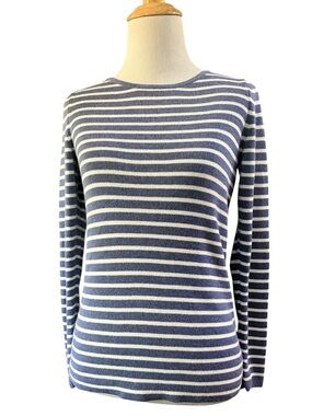 LL BEAN RIBBED CREWNECK KNIT LONG SLEEVE STRIPED TOP BLUE WHITE SIZE XS